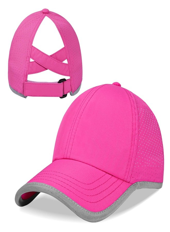 Peninpha Girls Criss Cross Ponytail Baseball Cap Reflective Quick Dry Hat Kids Cooling Mesh Sports Hat High Messy Bun Ponycap for Age 3-12,Hot Pink - Image 1